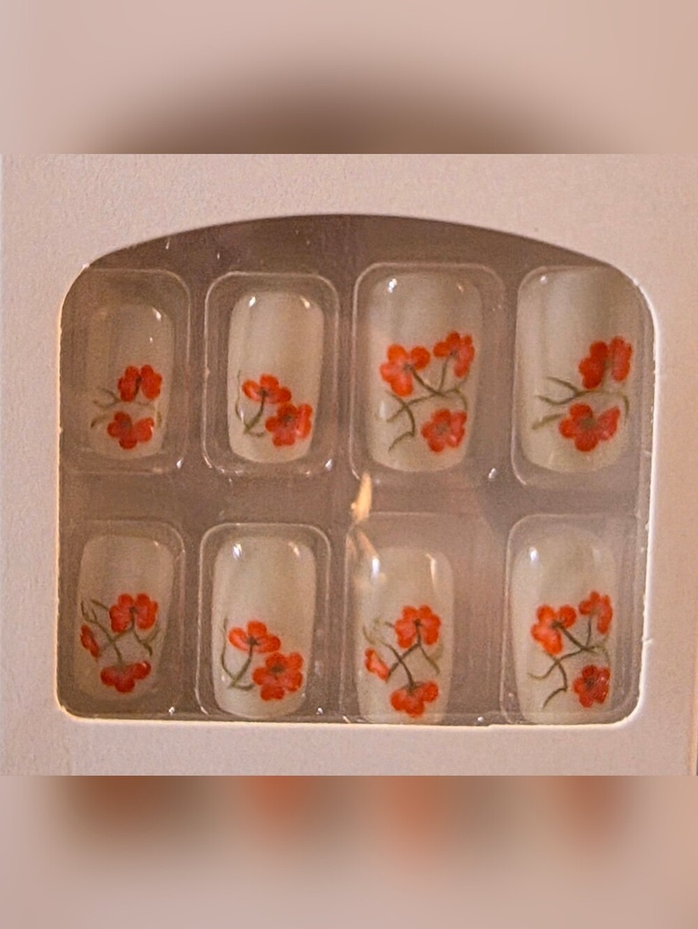 White Press-On Nails with Red Floral Design